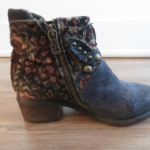 A.S. 98 Blue Floral Velvet Studded Bohemian Leather Ankle Booties Boots - Picture 12 of 15